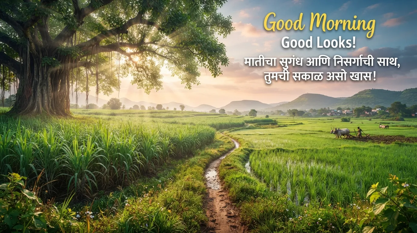 Lush green farm fields in Maharashtra with morning sunrays and wishes.