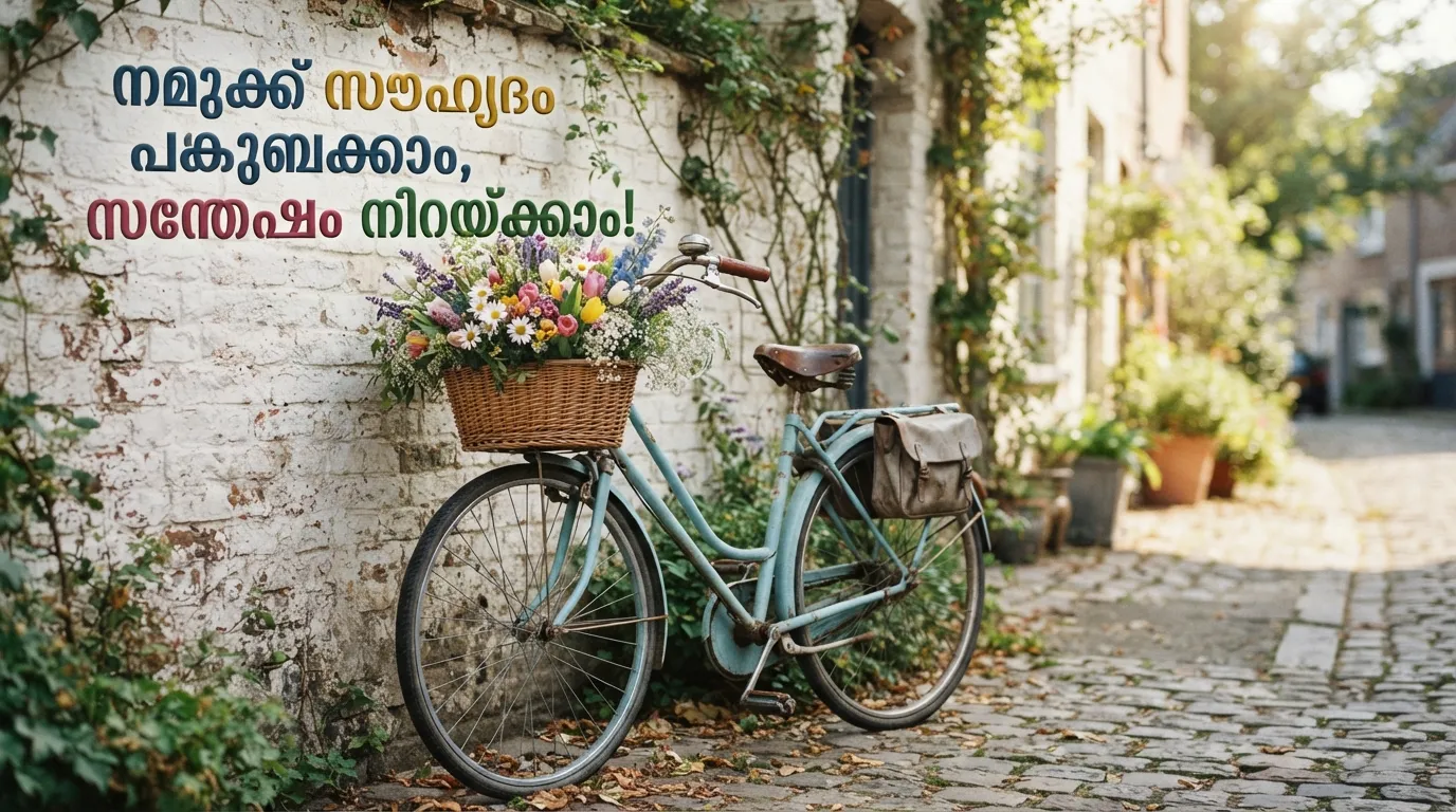 A classic vintage bicycle with a front basket filled with colorful wildflowers and Malayalam greetings.