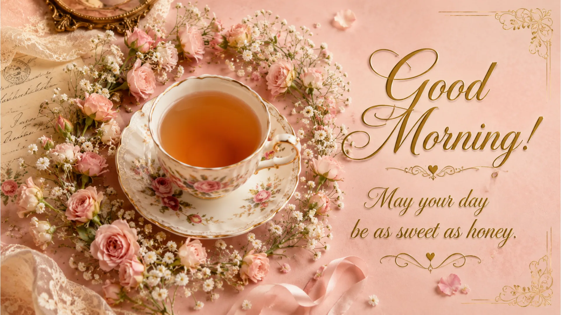 A vintage-style porcelain teacup filled with tea, surrounded by small pink roses and baby's breath.