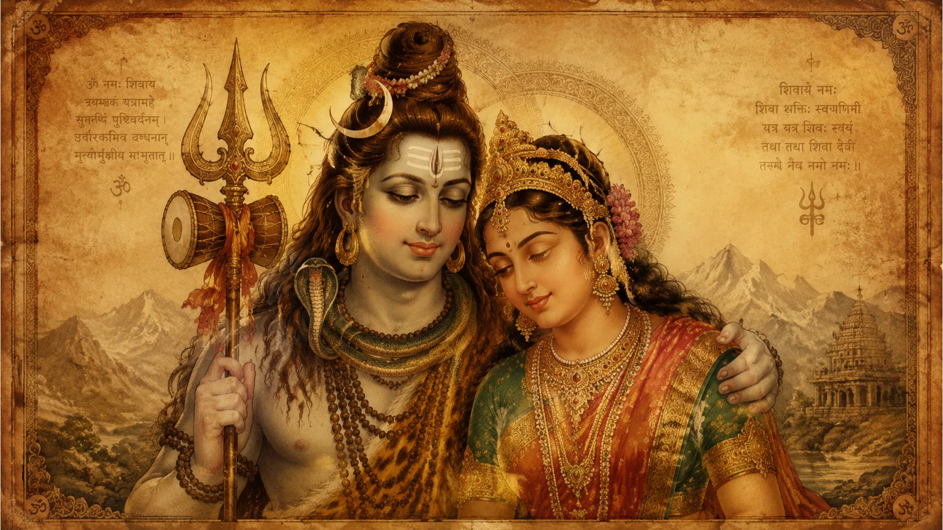 Antique Indian art style painting of Shiva Parvati.