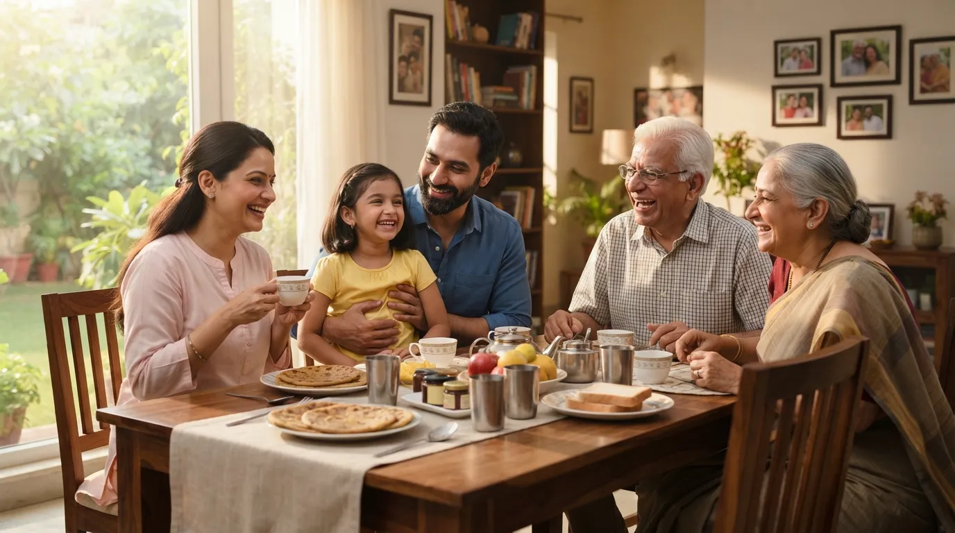 Two warm mugs of coffee side by side in a cozy kitchen with a sweet Hindi quote about family love.