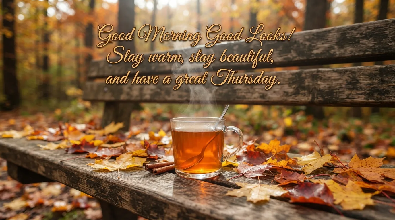 A glass mug of warm tea surrounded by golden autumn leaves.