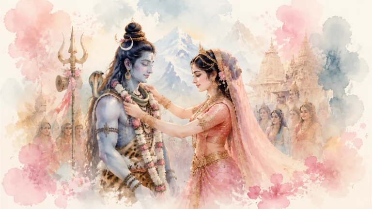 Soft watercolor painting of Shiva and Parvati Varmala wedding scene.