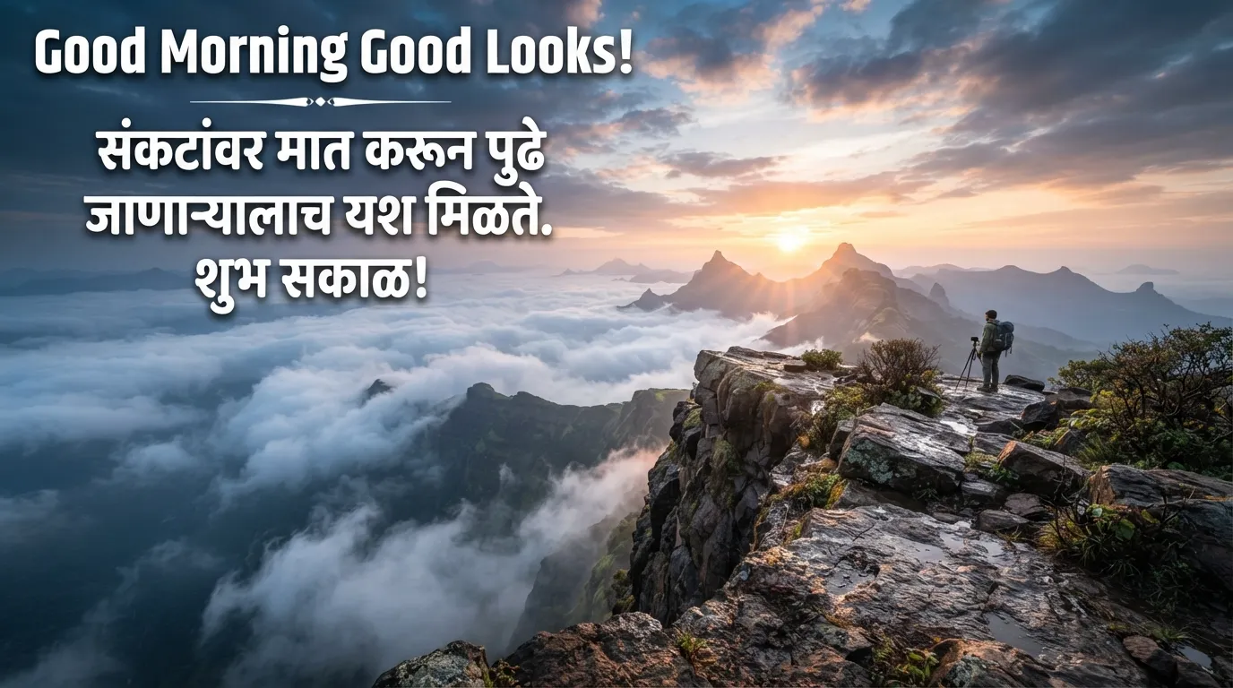 Sahyadri mountains covered in morning mist with marathi success quotes.