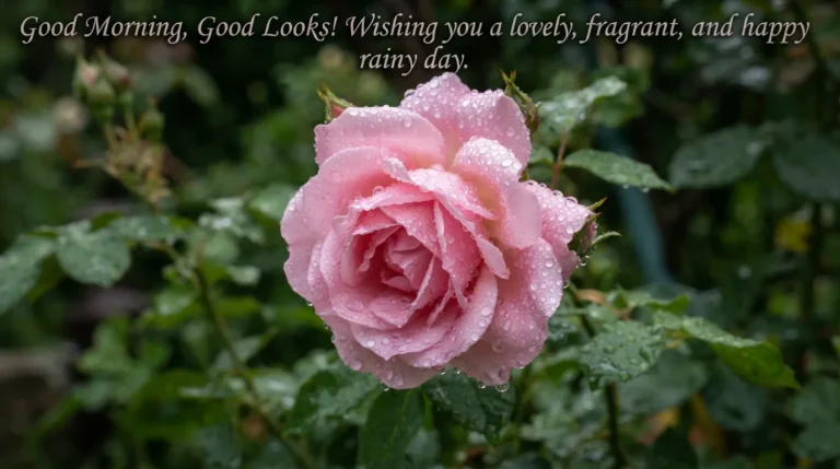 A beautiful pink rose covered in morning rain dew with a sweet greeting.