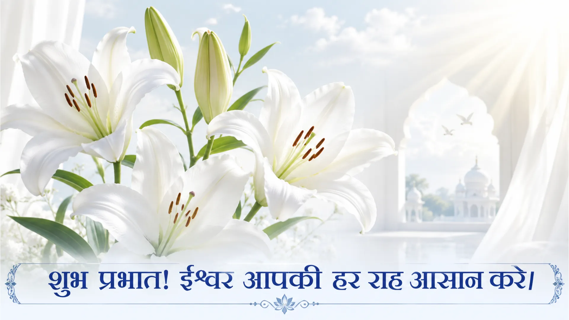 Pure white lilies blooming elegantly with a peaceful Hindi morning prayer quote.