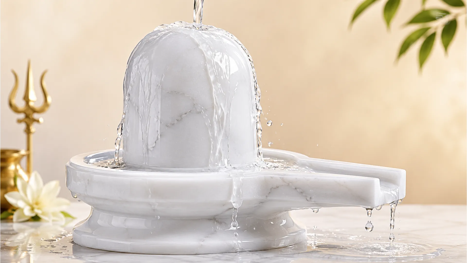 White marble shivling with a continuous stream of pure water pouring over it smoothly.