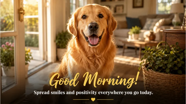 Happy Golden Retriever sitting in morning sunlight with cute good morning text