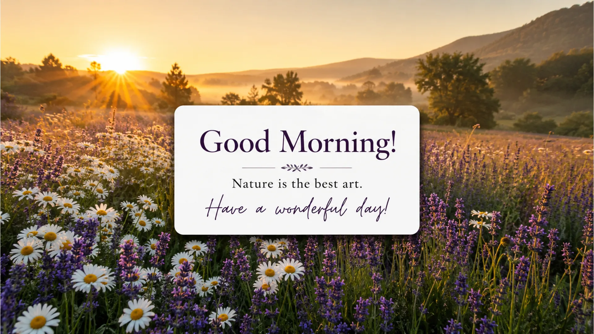 A field of wild daisies and lavender under the soft golden light of a morning sun.