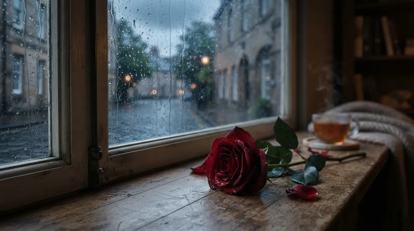 Dark red rose on a wooden windowsill with rain drops visible on the window glass