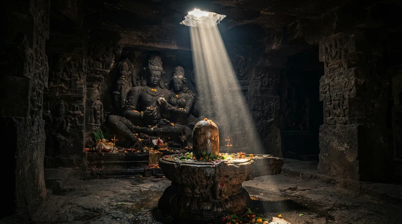 Historic cave temple setting showing stone carvings of Shiv Parvati next to an ancient natural Shivling.