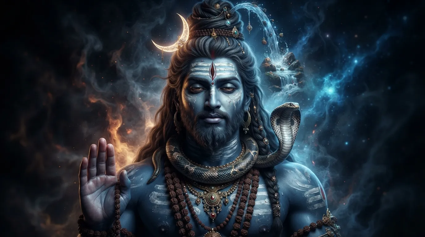 A breathtaking, cinematic portrait of Lord Shiva with a blue complexion and intense expression, in high-definition 4k.