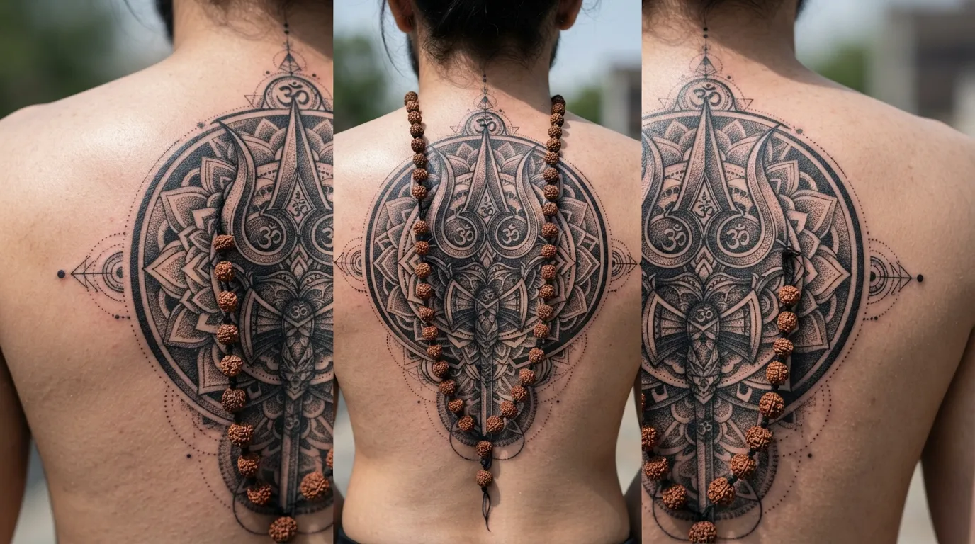 Geometric trishul with Rudraksha bead bholenath tattoo photo