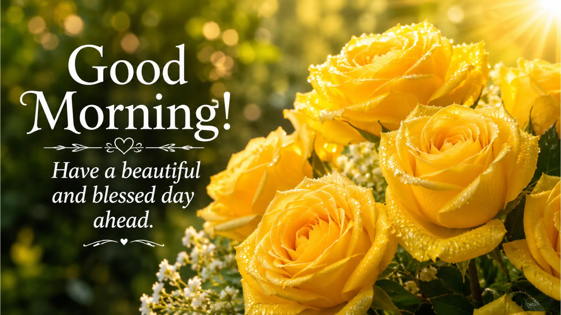 A close-up shot of blooming yellow roses with morning dew drops and a good morning wish.