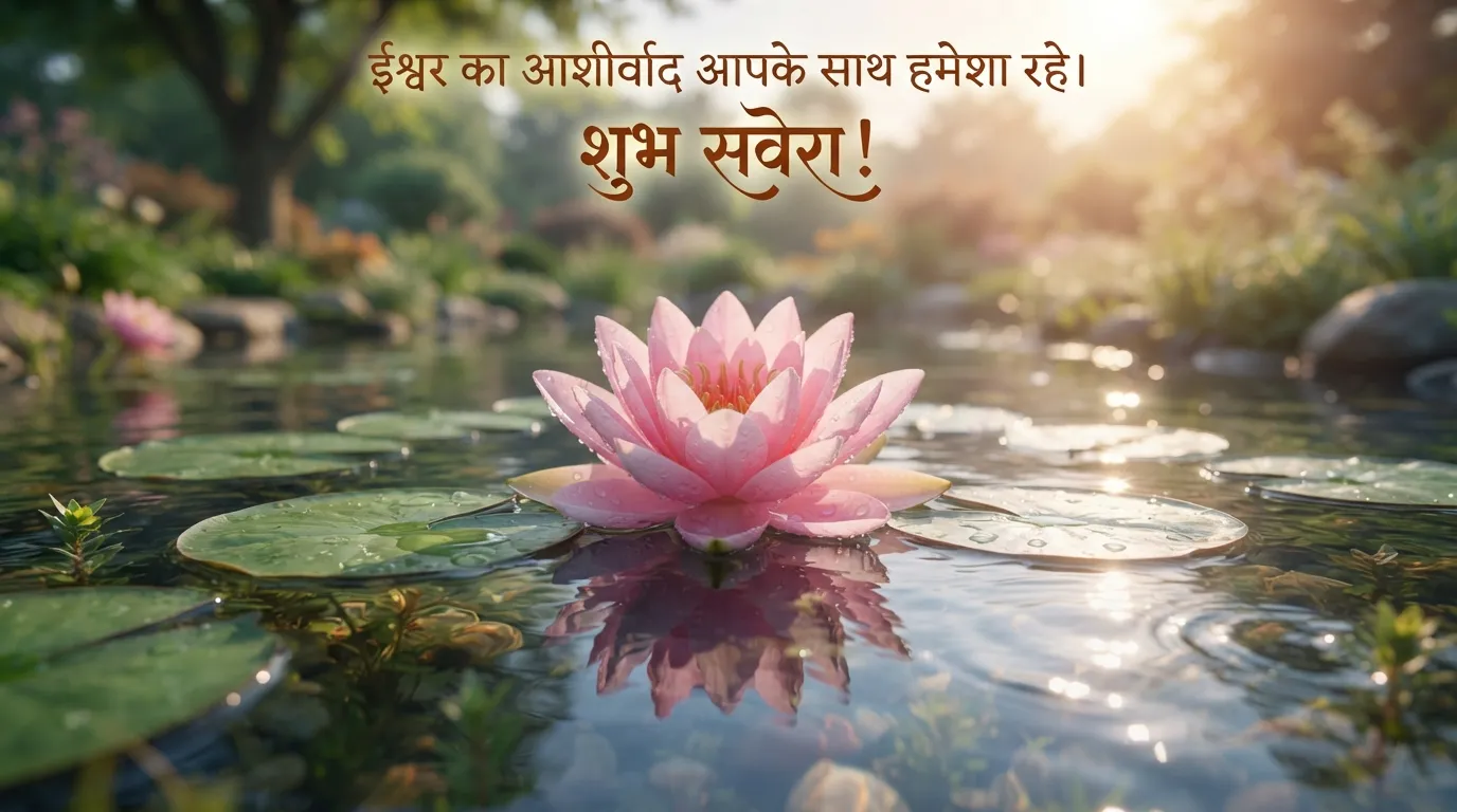 Spiritual Hindi good morning images new with a pink lotus flower in water.