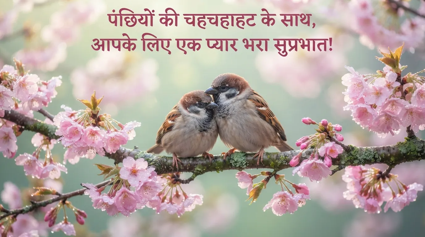 Cute little birds on a branch with morning dew and Hindi text.