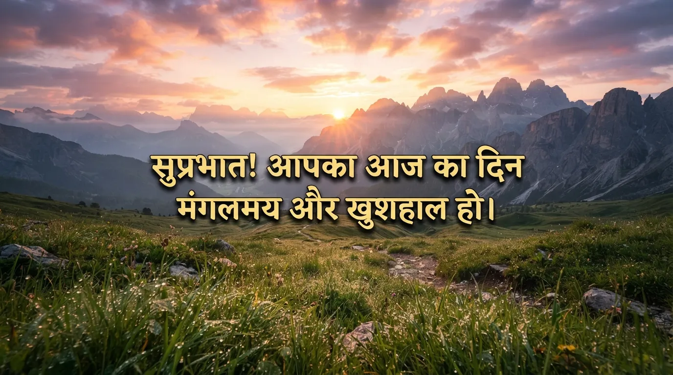 Latest good morning images new in Hindi with beautiful sunrise over mountains.
