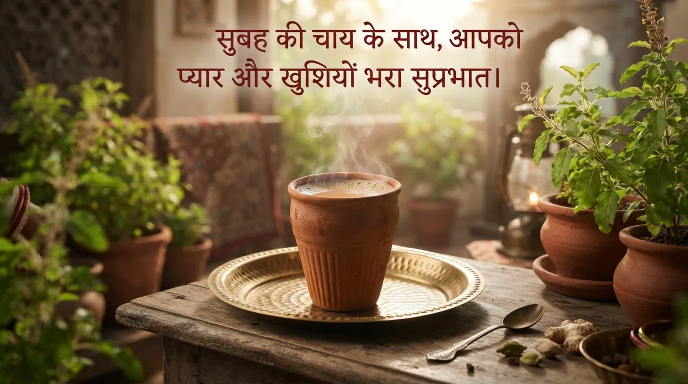 Hindi good morning images new with a traditional tea cup and morning sunlight.