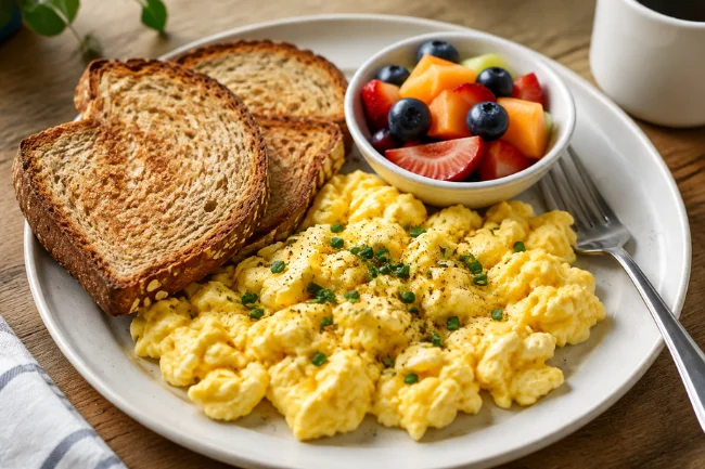 Egg Recipes for Breakfast scrambled eggs with toast and fruit