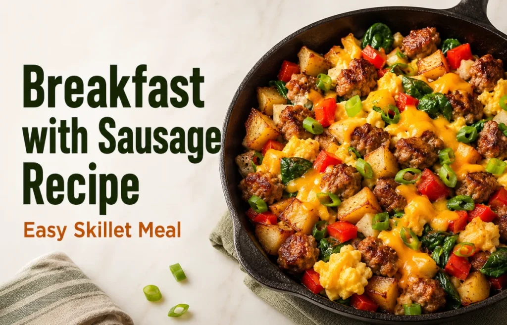 Breakfast with Sausage Recipe skillet with eggs potatoes and vegetables