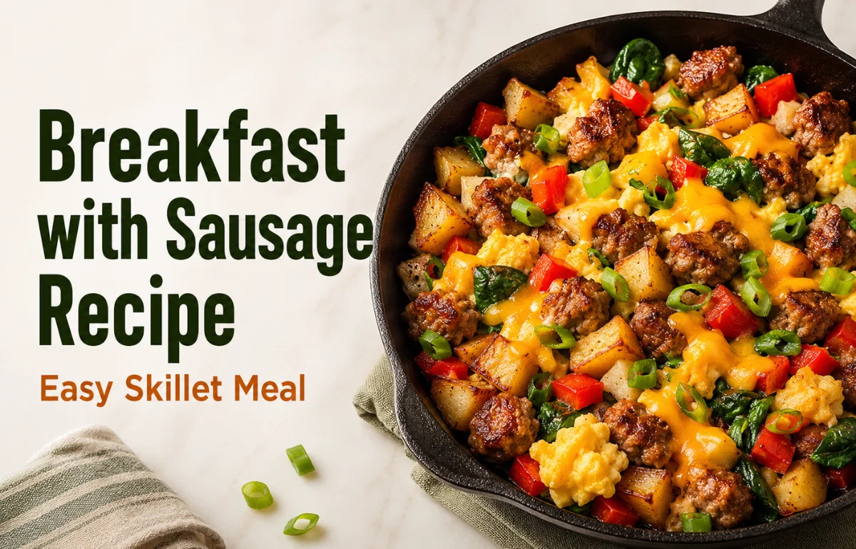 Breakfast with Sausage Recipe skillet with eggs potatoes and vegetables