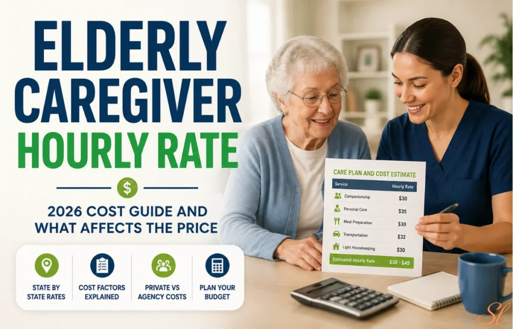 Elderly Caregiver Hourly Rate cost guide with caregiver and senior at home