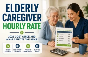 Elderly Caregiver Hourly Rate cost guide with caregiver and senior at home