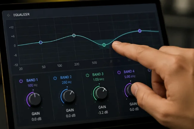 Adjustable audio frequency equalizer controls on screen
