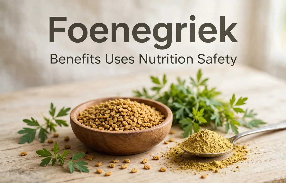 Foenegriek seeds, powder and fresh leaves in wooden bowl
