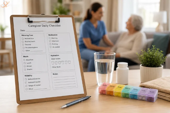 Free Printable Caregiver Daily Checklist Template on clipboard for home care tasks