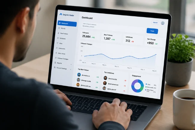 Dolphin Radar Instagram tracking dashboard on laptop