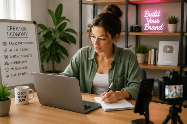 Creator economy workspace with laptop and camera