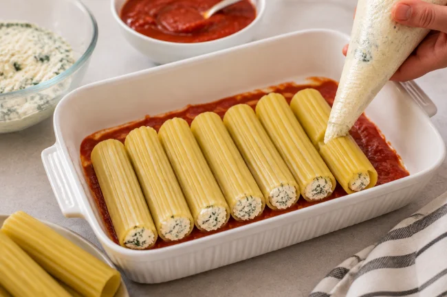 Mannacote tubes being filled with ricotta in tomato sauce