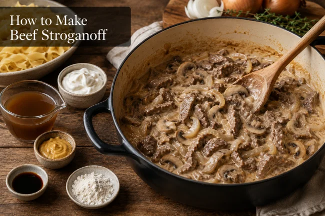 Beef Stroganoff cooking in a skillet