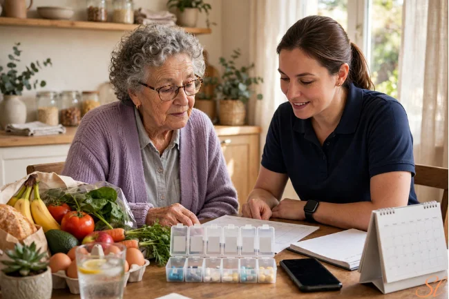 -In-Home Caregiver Cost - caregiver and senior planning weekly care schedule at home