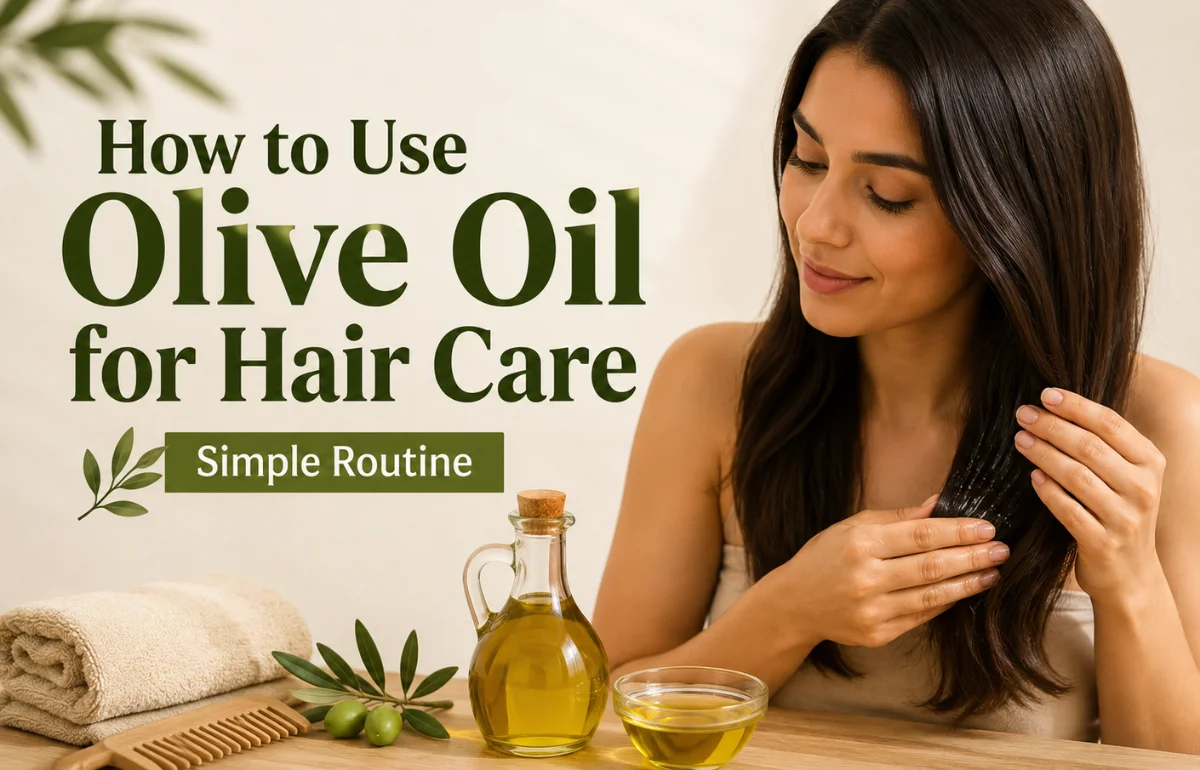 How to Use Olive Oil for Hair Care routine with olive oil bottle and hair treatment