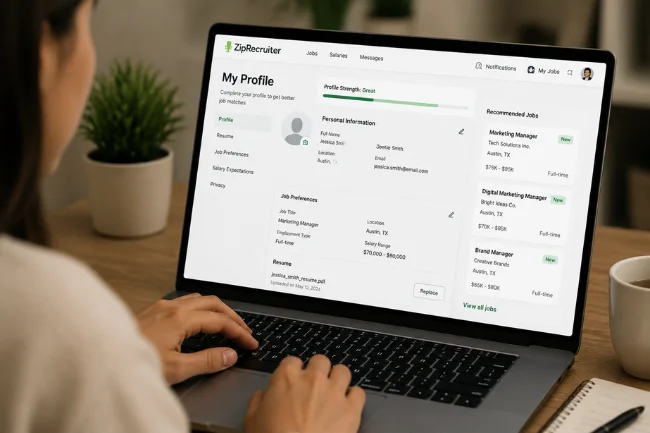 ZipRecruiter job seeker profile dashboard with resume upload