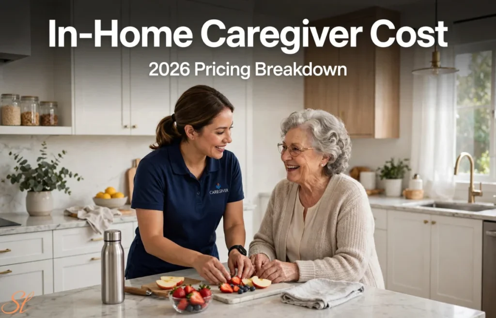 In-Home Caregiver Cost - caregiver helping elderly woman in home kitchen