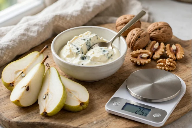 Masgonzola portion with pears and walnuts on scale