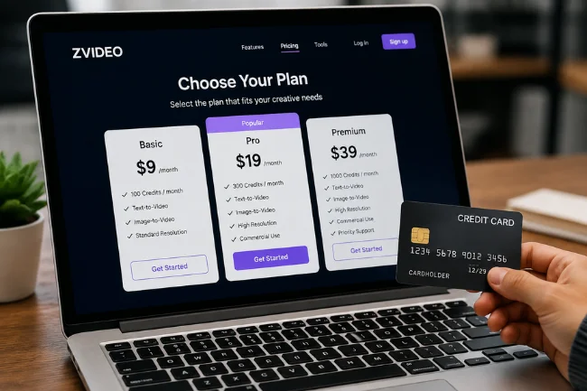 Zvideo pricing plans and credits screen