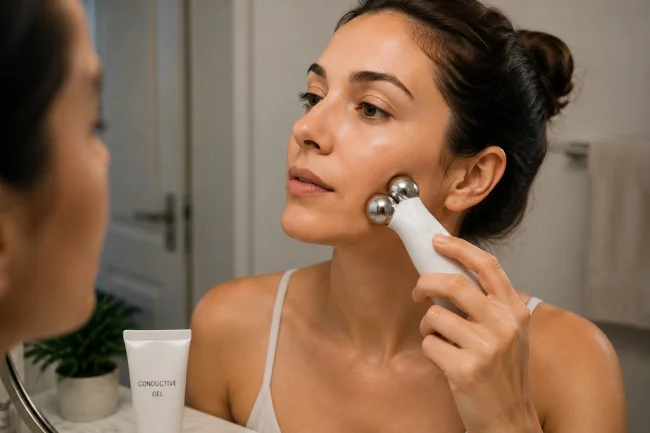 Microcurrent facial massager with conductive gel