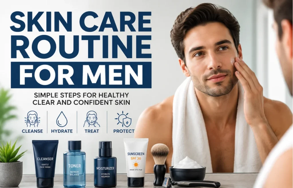 Skin Care Routine for Men with skincare products and grooming essentials
