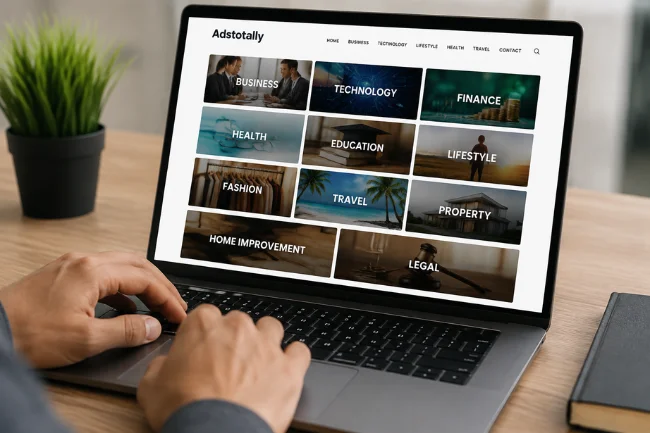 Adstotally.com broad topic discovery categories on laptop display