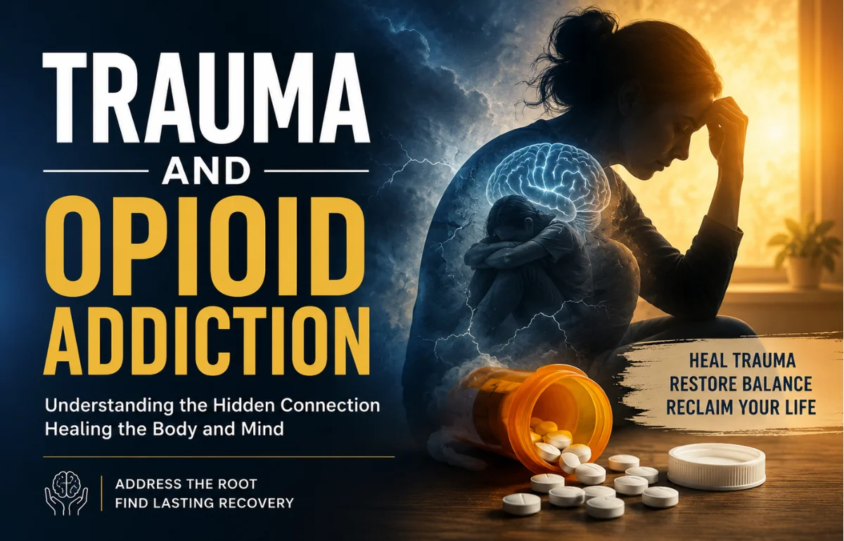 Trauma and Opioid Addiction recovery concept with pills and mental health imagery