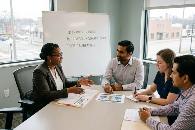 Integrated trauma and opioid addiction care team meeting.