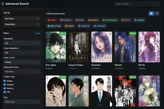 Weeb Central advanced manga search features