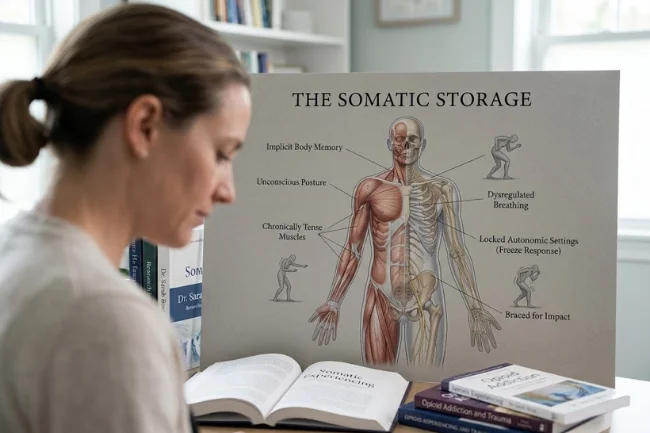 Somatic trauma storage and opioid addiction diagram.