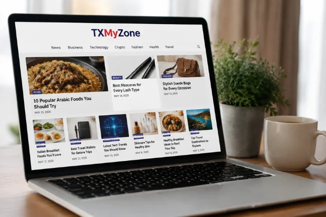 TXMyZone website content categories on laptop screen