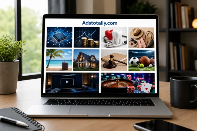 Adstotally.com topic categories on laptop display