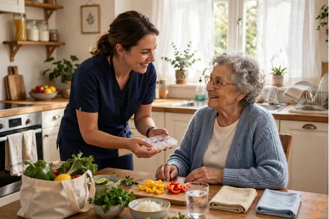 In-Home Caregiver Cost - caregiver helping senior with meal prep and medication at home